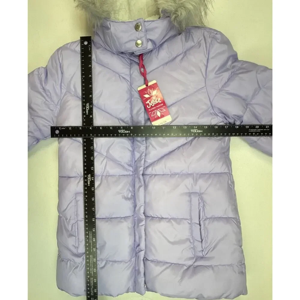 Justice Girls Classic Puffer Jacket Faux Fur Hood Winter Coat Lavender Size L